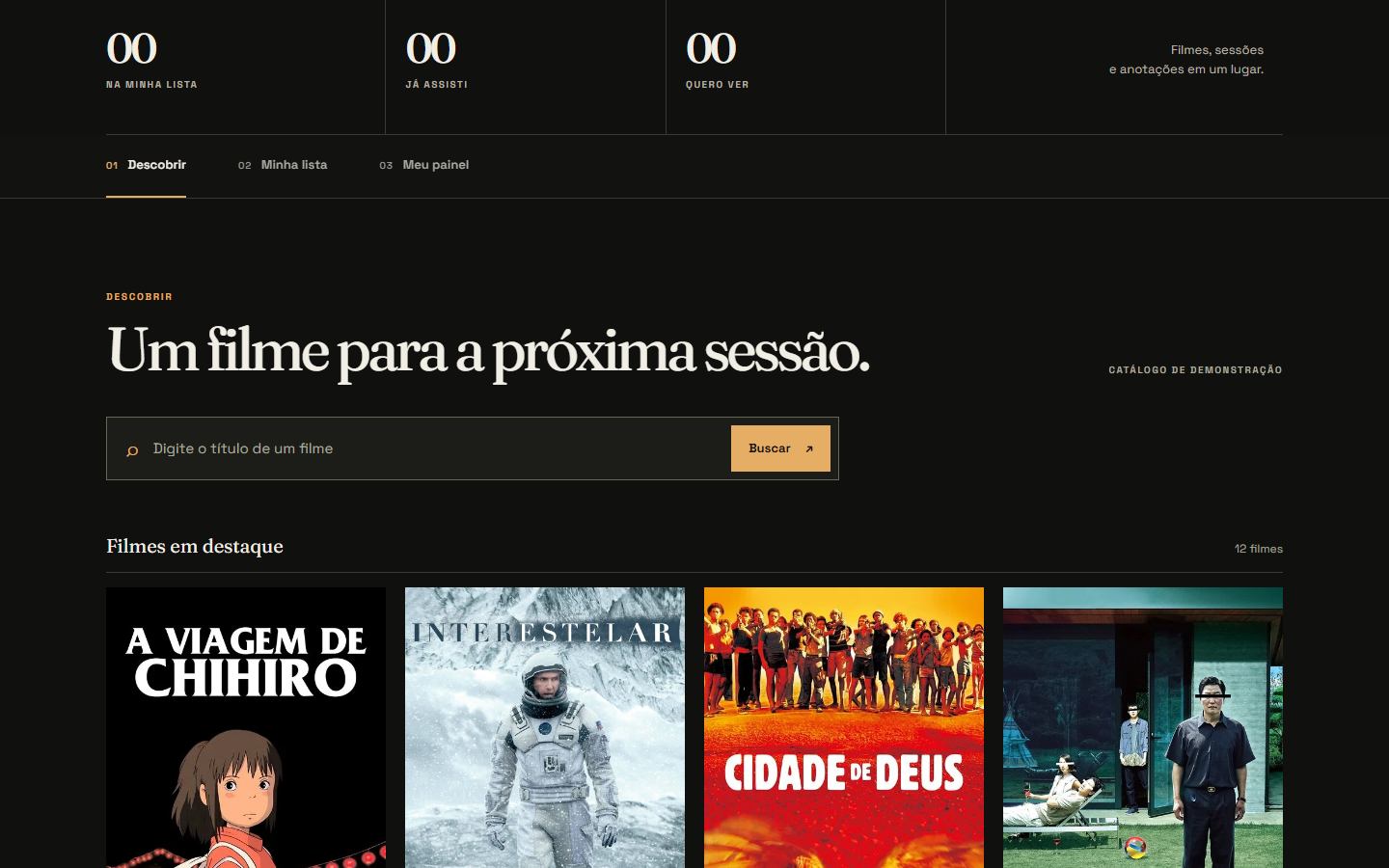 Interface real do Entre Cenas com busca, filmes em destaque e catálogo de demonstração